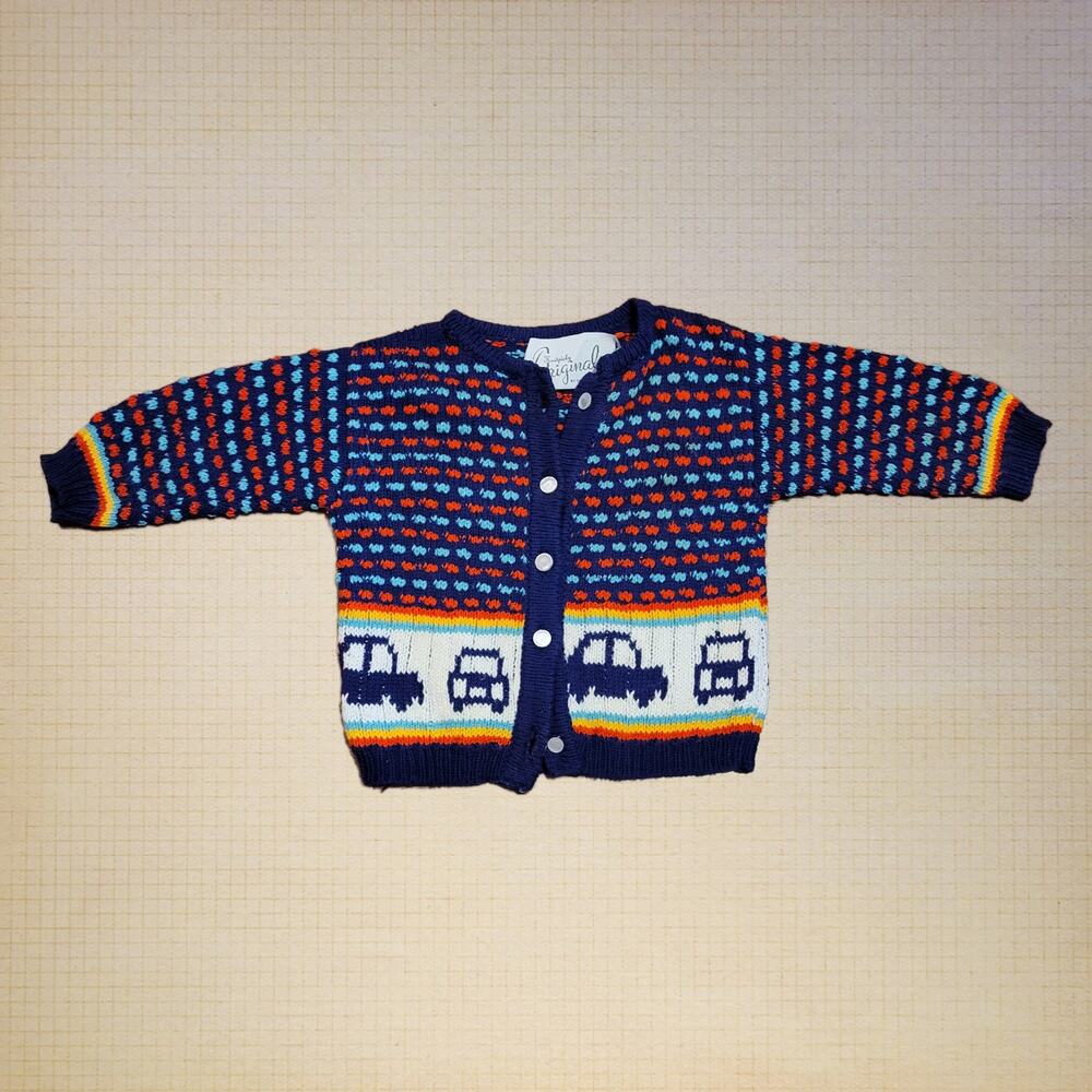 Vintage Knitted Woven Toddler Button Down Coat Jacket Boy Cars